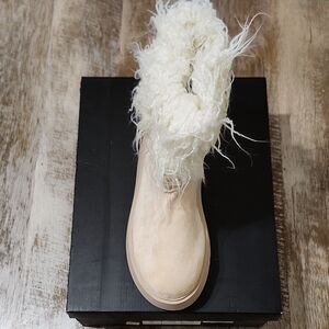 Cream Faux Suede Contrast Faux Fur Ankle Boot